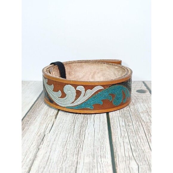 Roris Painted Beltz Hand Painted Black and Blue Leather Belt No Buckle 35\